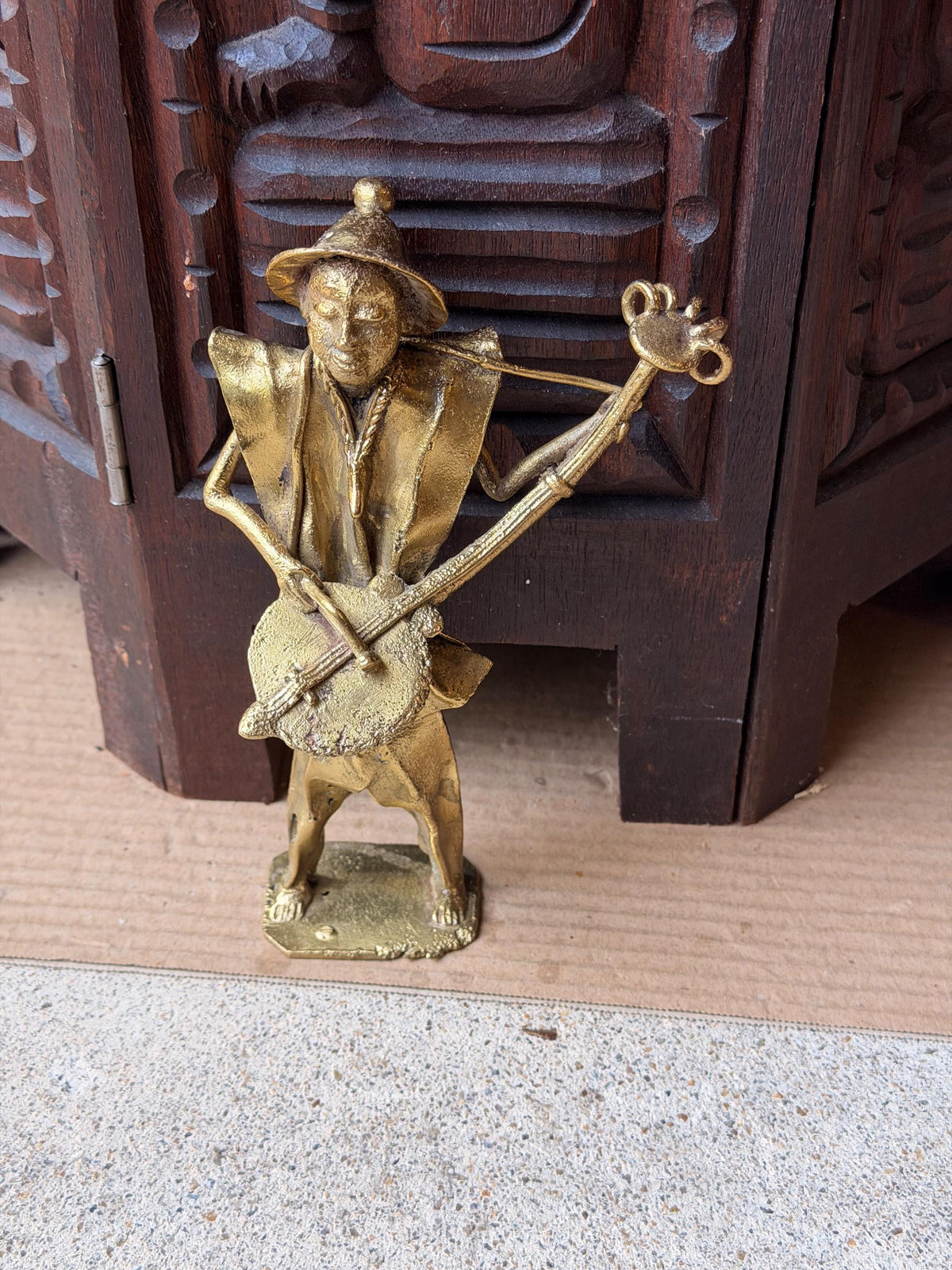Vintage West African Brass Musician Statue Lost Wax Cast Griot Lute Figure 7.5"
