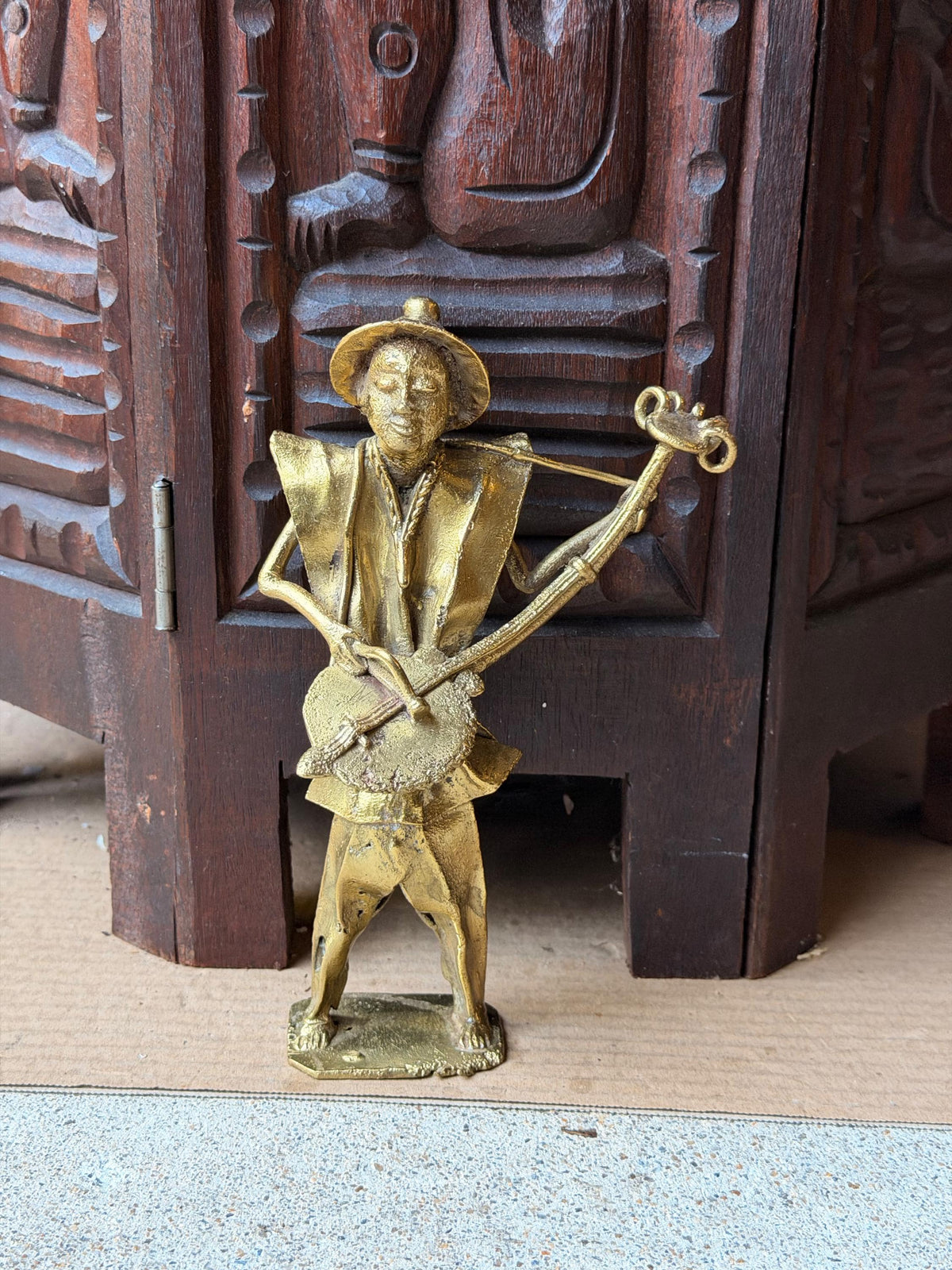 Vintage West African Brass Musician Statue Lost Wax Cast Griot Lute Figure 7.5"