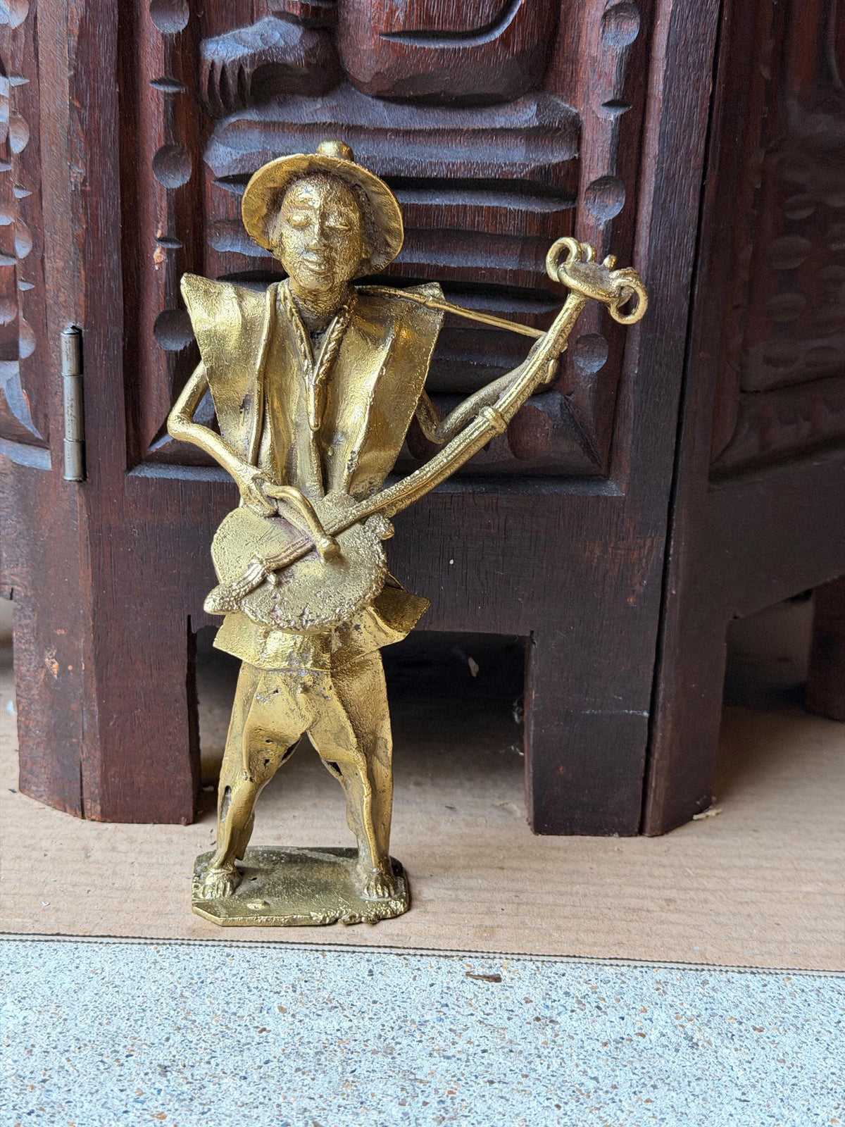 Vintage West African Brass Musician Statue Lost Wax Cast Griot Lute Figure 7.5"
