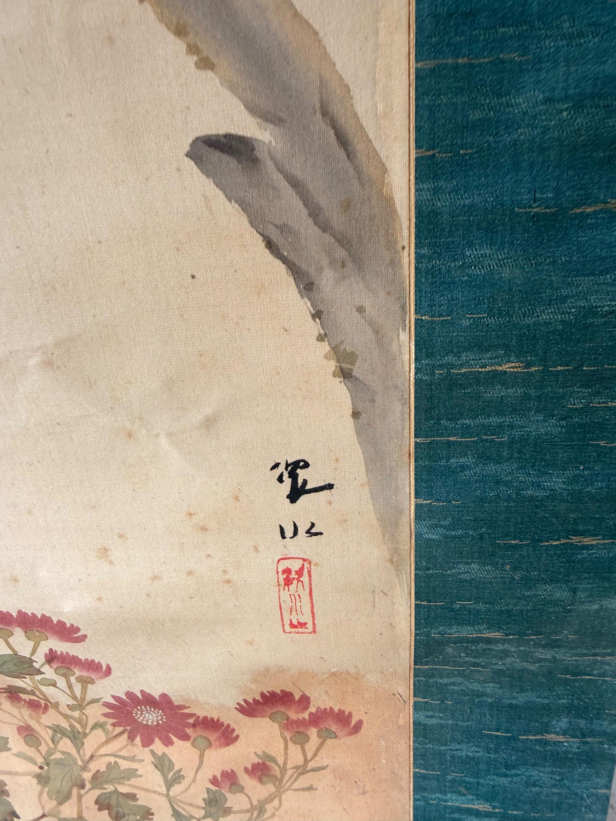 Vintage Japanese Silk Hanging Scroll Painting Bird Flower Kacho-ga Kakejiku