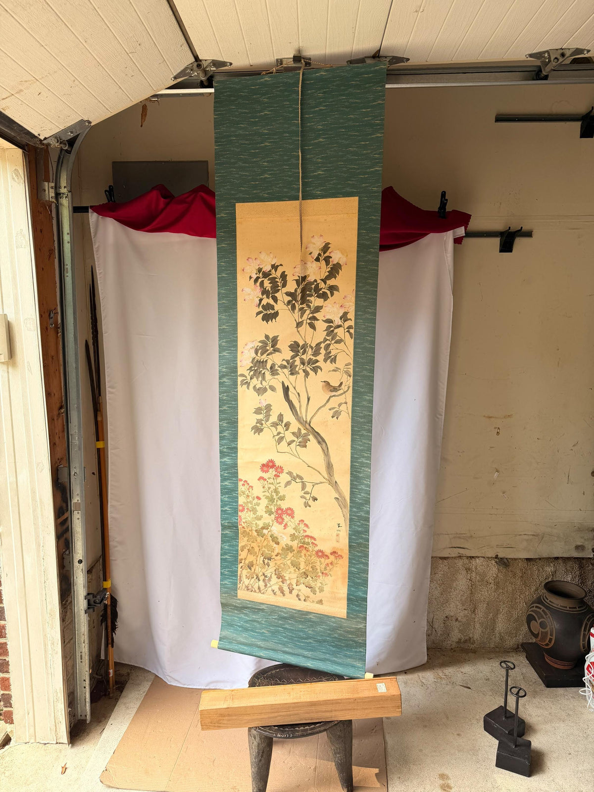 Vintage Japanese Silk Hanging Scroll Painting Bird Flower Kacho-ga Kakejiku