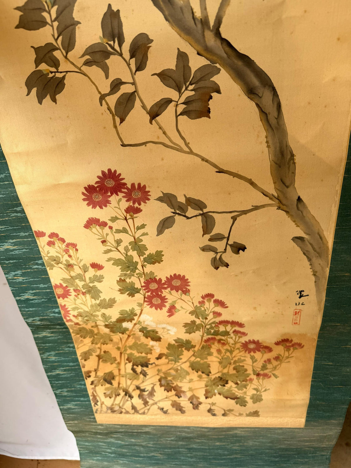 Vintage Japanese Silk Hanging Scroll Painting Bird Flower Kacho-ga Kakejiku