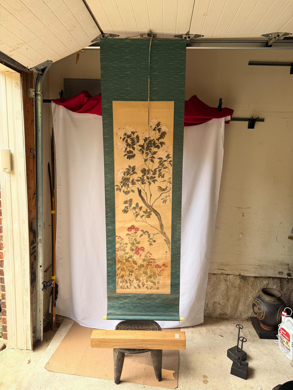 Vintage Japanese Silk Hanging Scroll Painting Bird Flower Kacho-ga Kakejiku