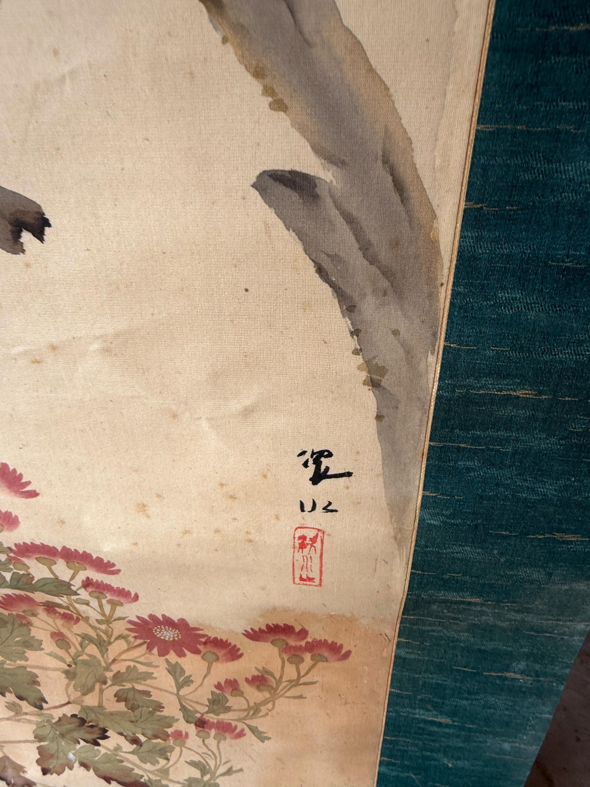Vintage Japanese Silk Hanging Scroll Painting Bird Flower Kacho-ga Kakejiku