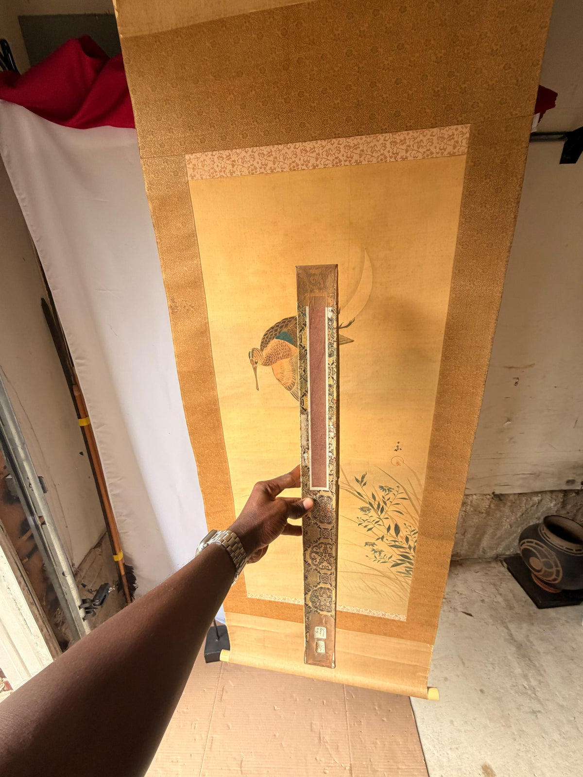 Vintage Japanese Silk Hanging Scroll Painting Flying Snipe Moon Kakejiku