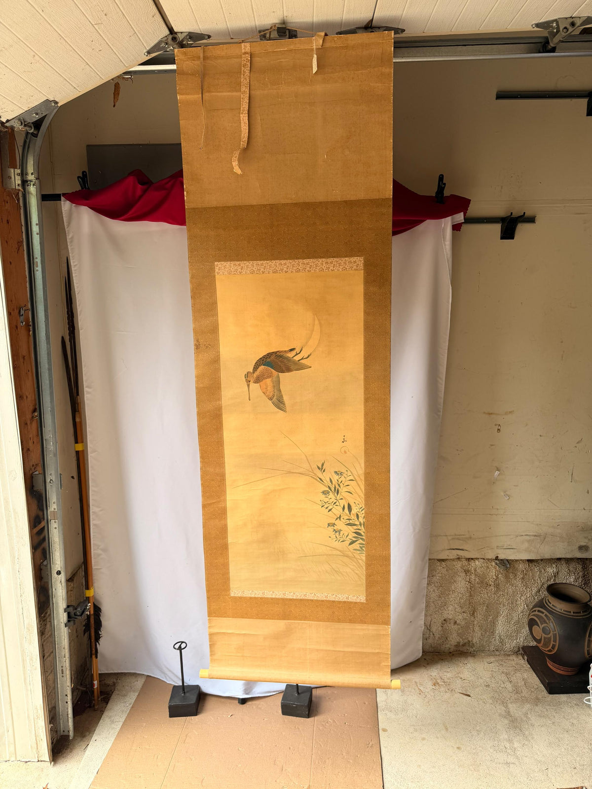 Vintage Japanese Silk Hanging Scroll Painting Flying Snipe Moon Kakejiku
