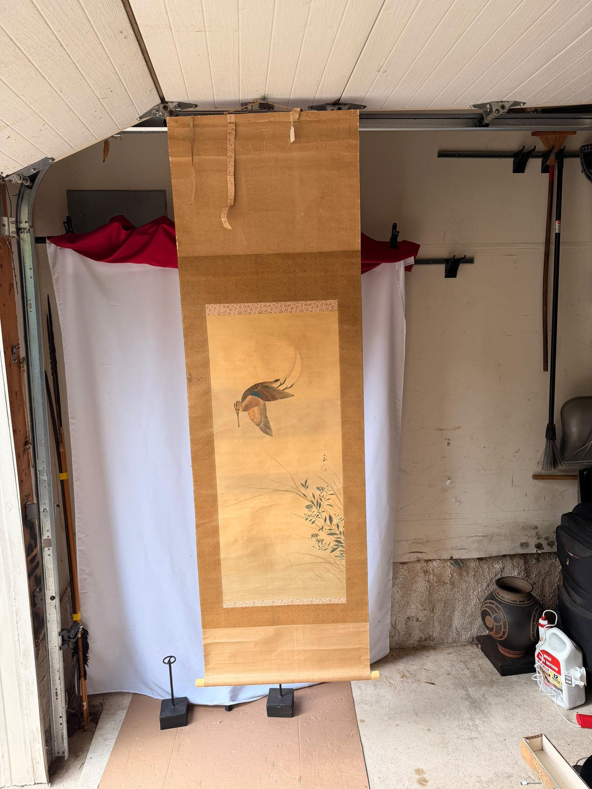 Vintage Japanese Silk Hanging Scroll Painting Flying Snipe Moon Kakejiku