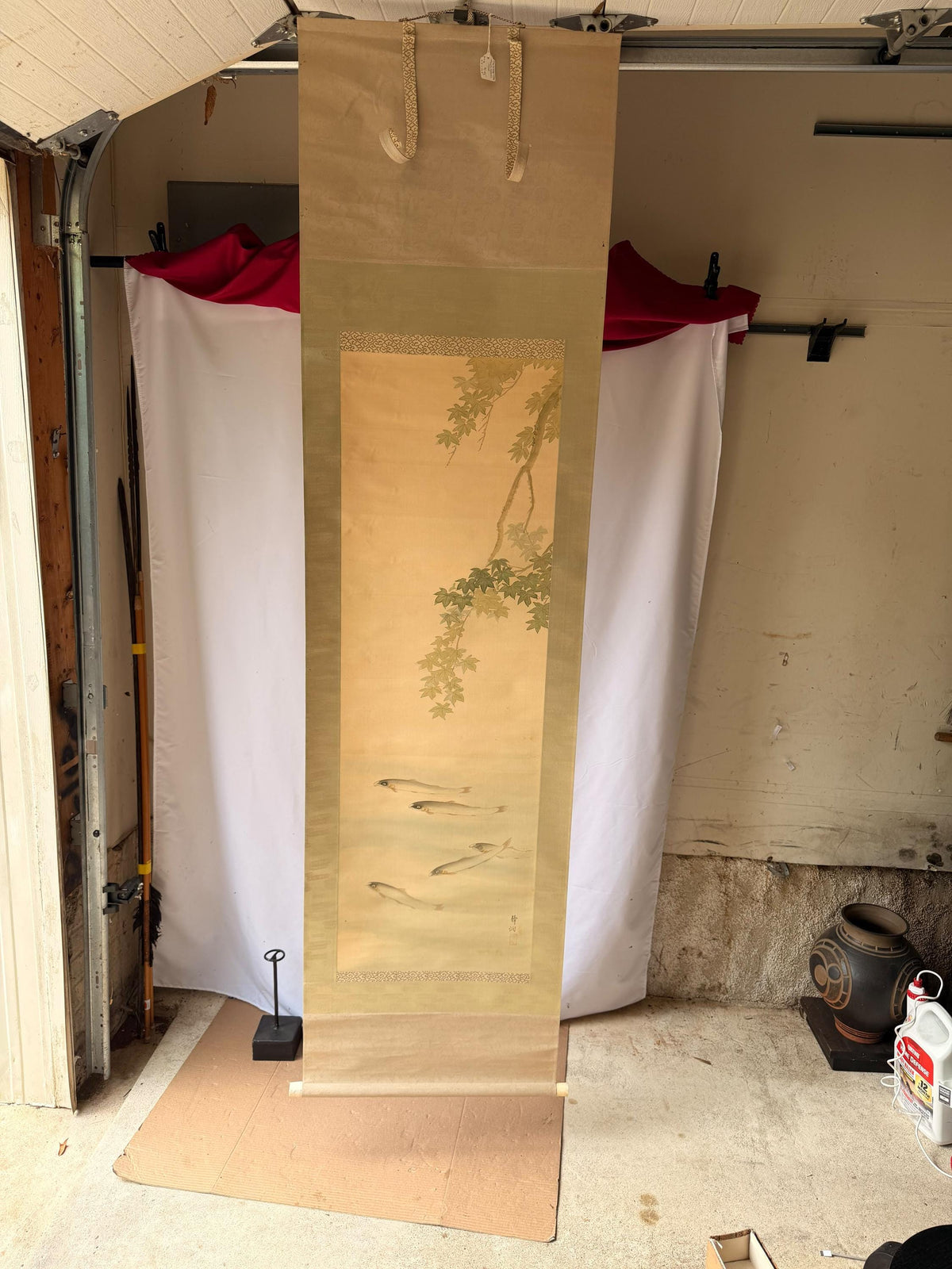 Vintage Japanese Silk Hanging Scroll Painting Sweetfish Ayu Maple Kakejiku