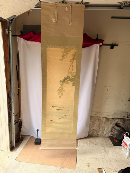 Vintage Japanese Silk Hanging Scroll Painting Sweetfish Ayu Maple Kakejiku