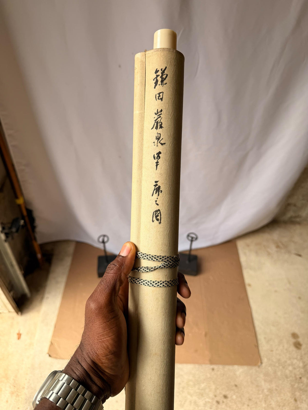 Vintage Japanese Silk Scroll Painting Kamada Gansen Deer Waterfall Pine