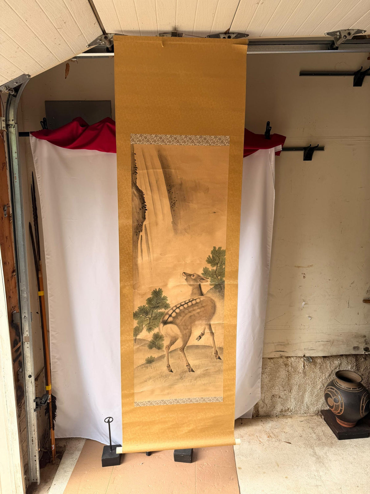 Vintage Japanese Silk Scroll Painting Kamada Gansen Deer Waterfall Pine