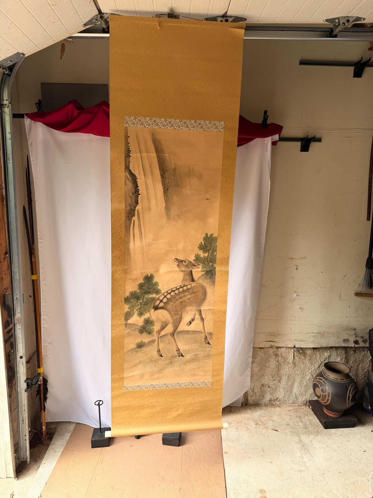 Vintage Japanese Silk Scroll Painting Kamada Gansen Deer Waterfall Pine