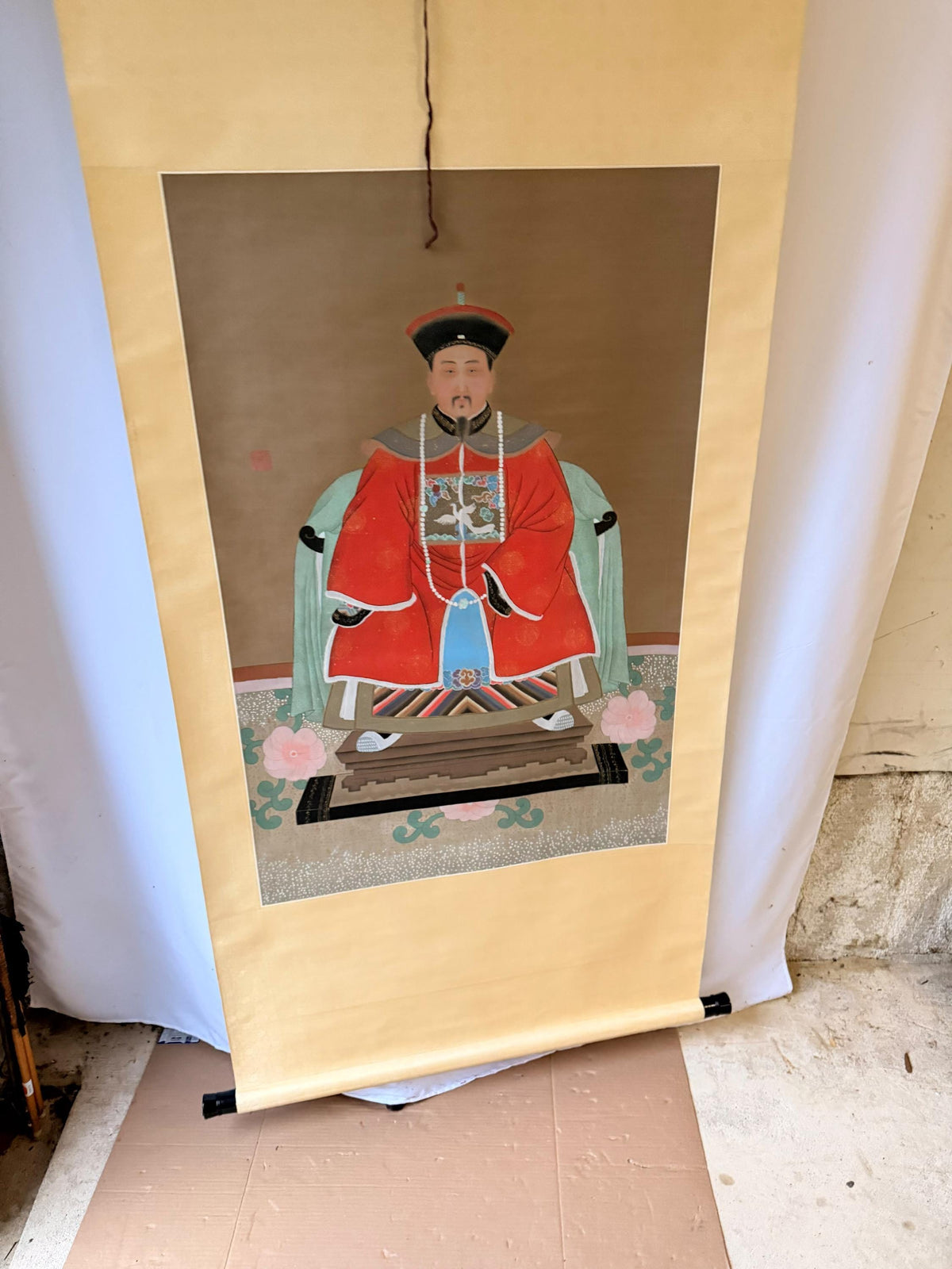Chinese Qing Xianfeng Emperor Silk Hanging Scroll Painting Ancestor Portrait 75"