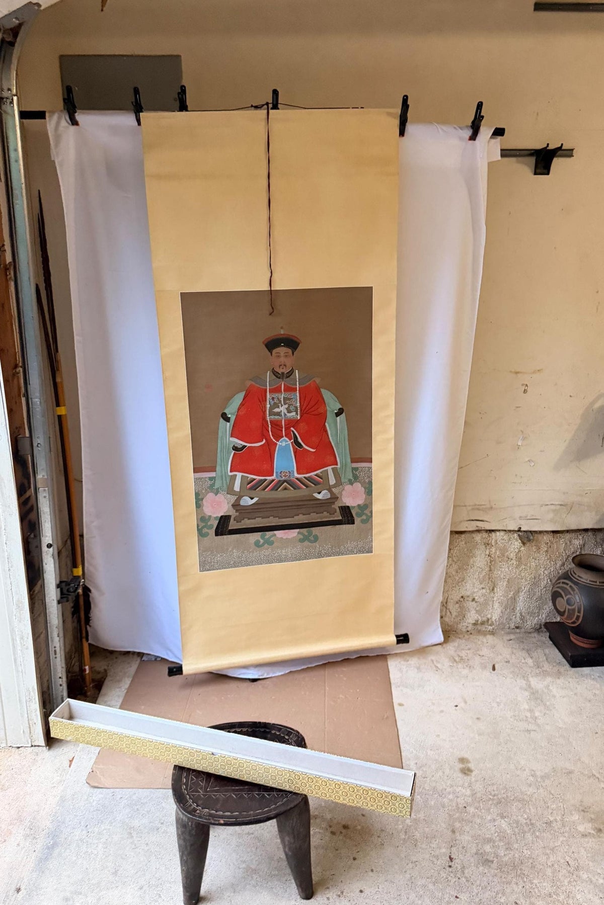 Chinese Qing Xianfeng Emperor Silk Hanging Scroll Painting Ancestor Portrait 75"