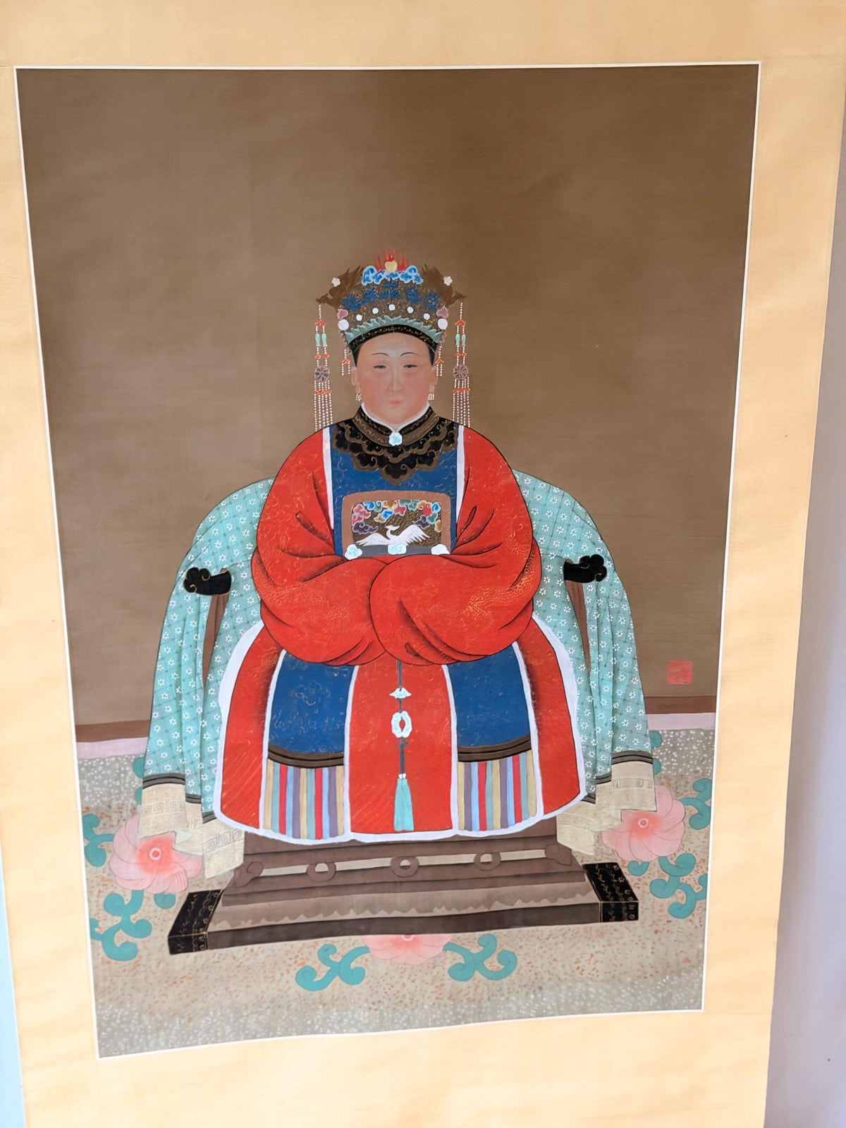 Chinese Qing Style Empress Silk Hanging Scroll Painting Ancestor Portrait 75"