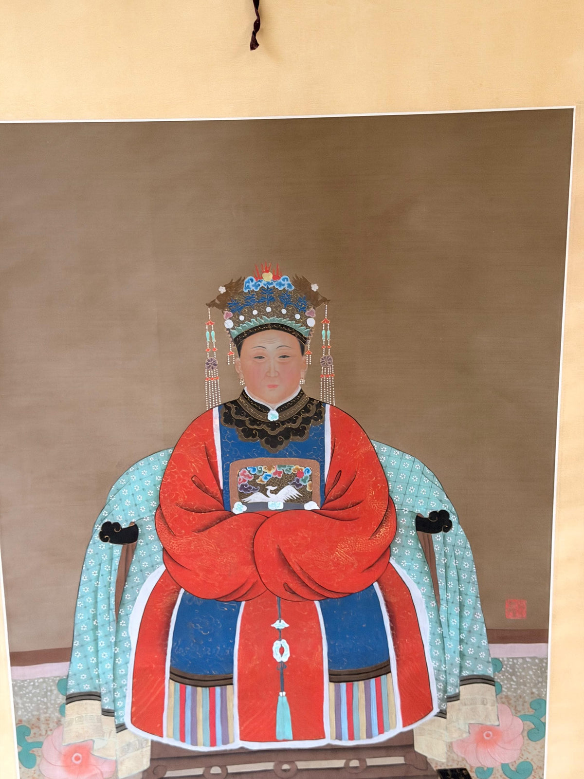 Chinese Qing Style Empress Silk Hanging Scroll Painting Ancestor Portrait 75"
