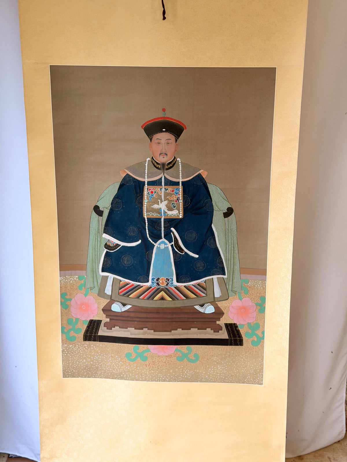 Chinese Qing Style Jiaqing Emperor Silk Hanging Scroll Ancestor Portrait 75"