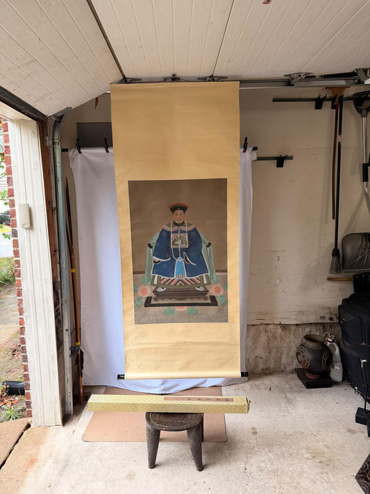 Vintage Qing Dynasty Emperor Silk Hanging Scroll Imperial Portrait 75x31