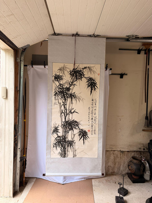 Vintage East Asian Ink Wash Bamboo Scroll Painting Silk Brocade Calligraphy 76"