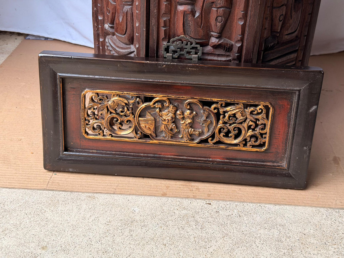 Chinese Antique Gilt Wood Architectural Panel Carved Relief Wall Decor Plaque
