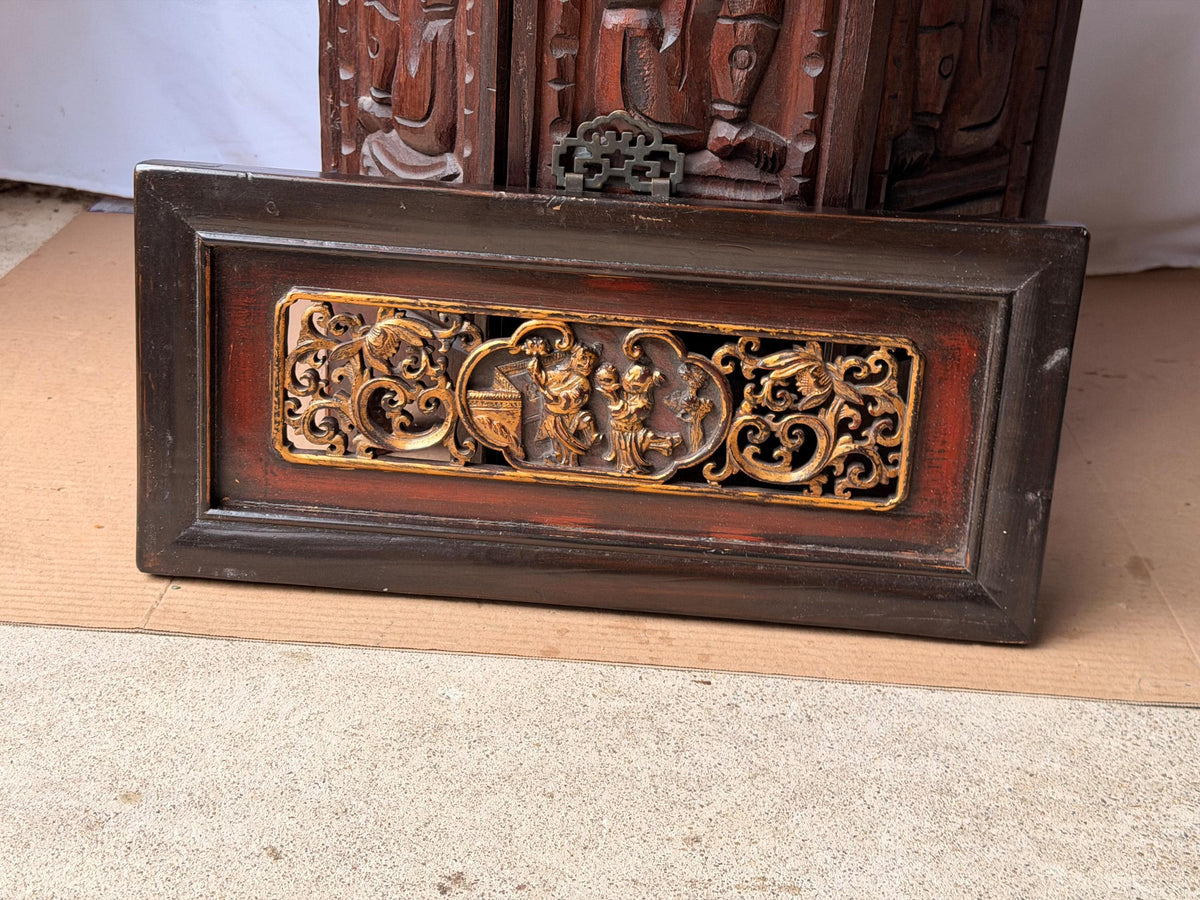 Chinese Antique Gilt Wood Architectural Panel Carved Relief Wall Decor Plaque