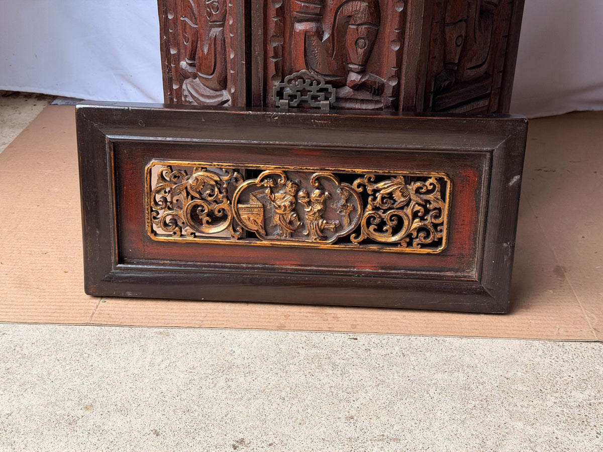 Chinese Antique Gilt Wood Architectural Panel Carved Relief Wall Decor Plaque