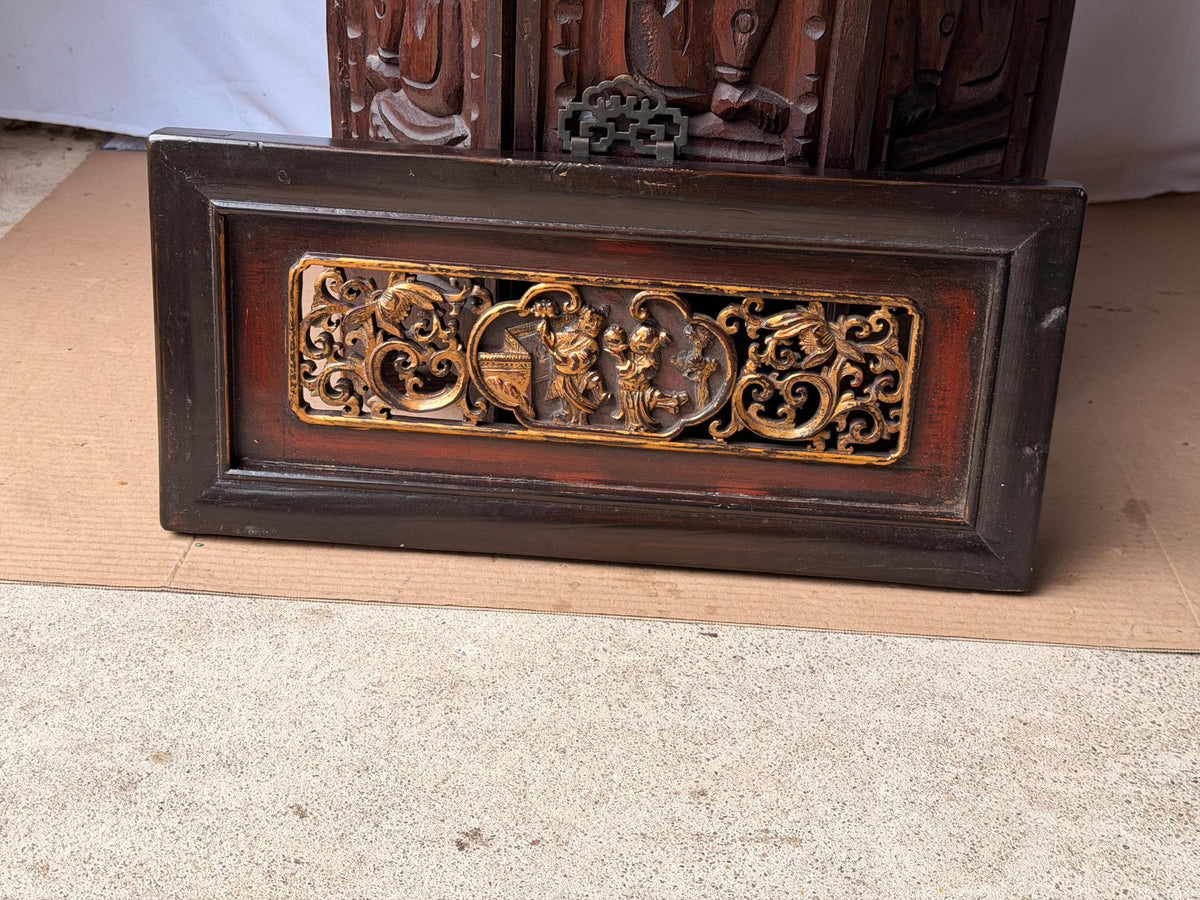 Chinese Antique Gilt Wood Architectural Panel Carved Relief Wall Decor Plaque
