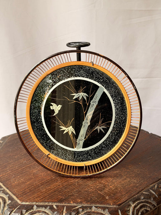 Vintage Japanese Bamboo Wall Plaque Reverse Painted Glass Bird Bamboo Art 10"