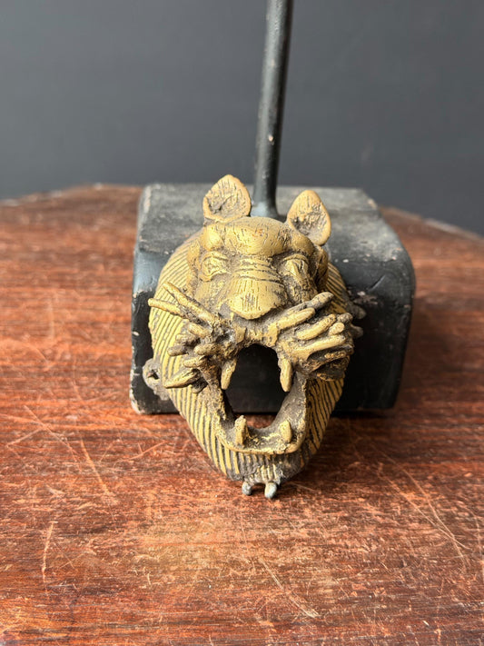 Bamileke Cast Brass Leopard Head Figure Vintage African Lost Wax Art