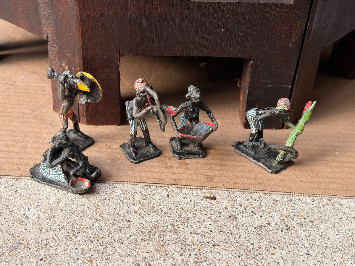 Vintage Painted Cast Metal Miniature Tribal Figure Set African Folk Art 5pc