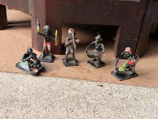 Vintage Painted Cast Metal Miniature Tribal Figure Set African Folk Art 5pc