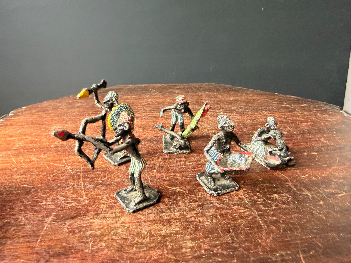 Vintage Painted Cast Metal Miniature Tribal Figure Set African Folk Art 5pc