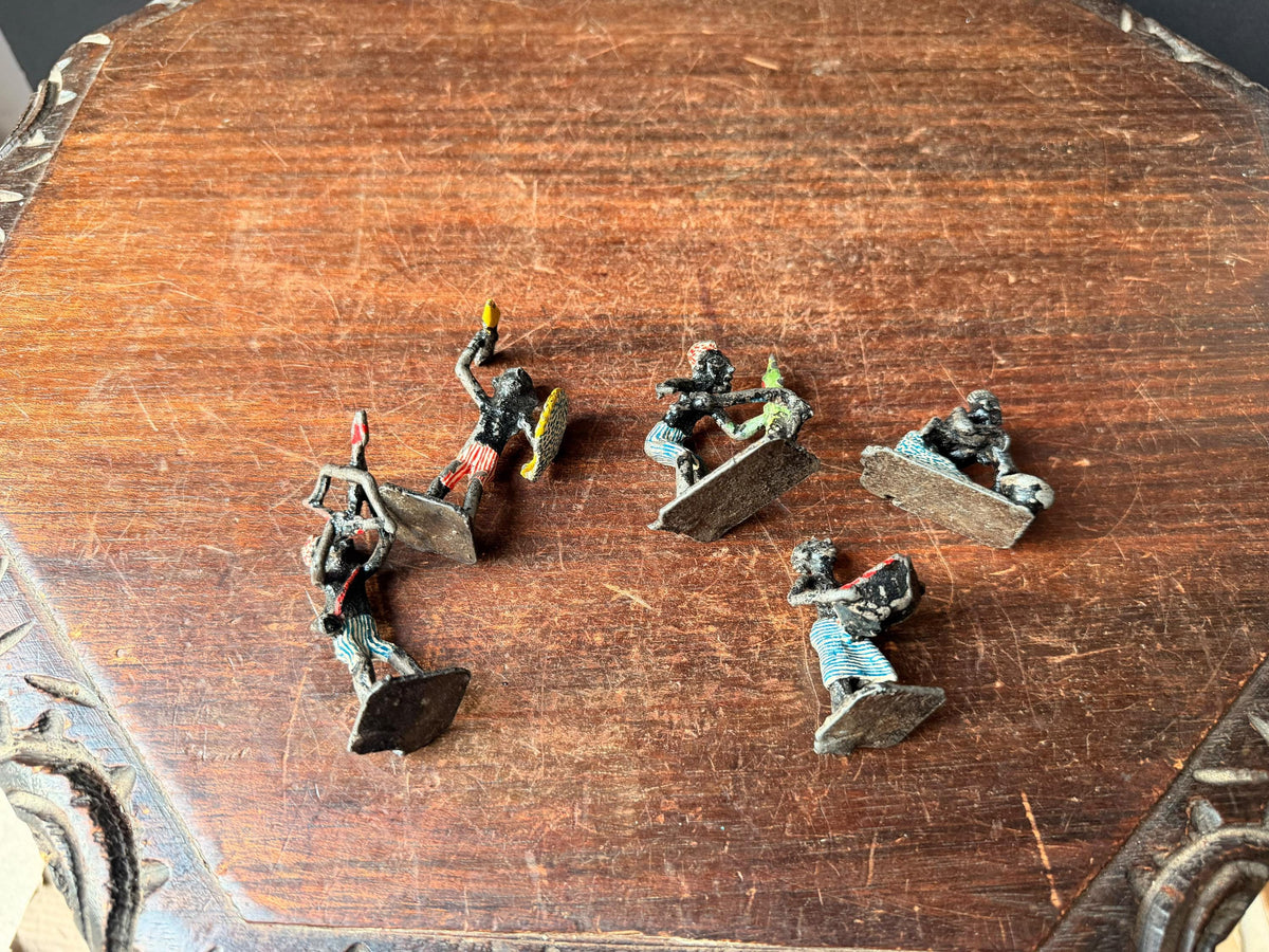 Vintage Painted Cast Metal Miniature Tribal Figure Set African Folk Art 5pc