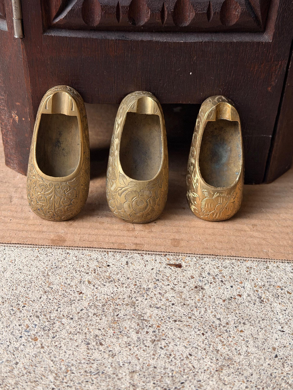 Vintage Brass Shoe Slipper Vessel Set Engraved Floral Trinket Ashtrays India 3pc