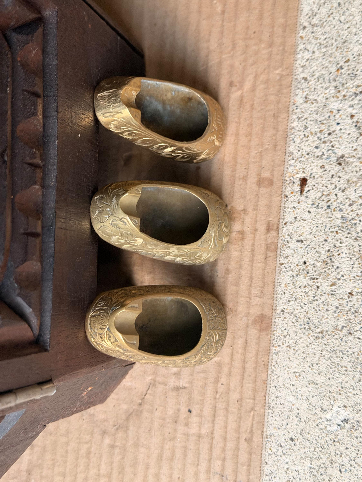 Vintage Brass Shoe Slipper Vessel Set Engraved Floral Trinket Ashtrays India 3pc