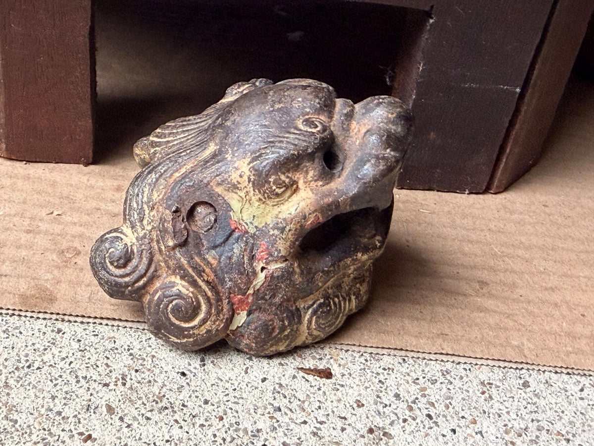 Vintage Cast Iron Foo Dog Shishi Head Censer Lid Gilded Asian Guardian Lion 3"