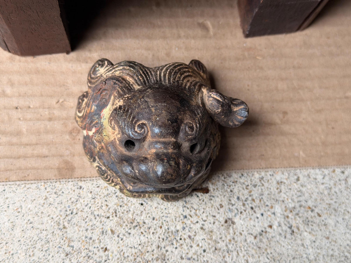 Vintage Cast Iron Foo Dog Shishi Head Censer Lid Gilded Asian Guardian Lion 3"