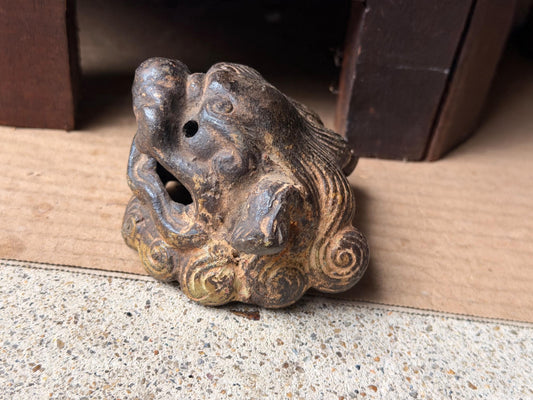 Vintage Cast Iron Foo Dog Shishi Head Censer Lid Gilded Asian Guardian Lion 3"