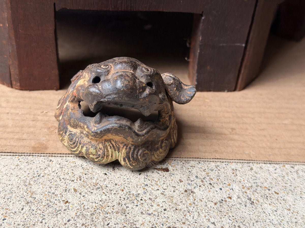Vintage Cast Iron Foo Dog Shishi Head Censer Lid Gilded Asian Guardian Lion 3"