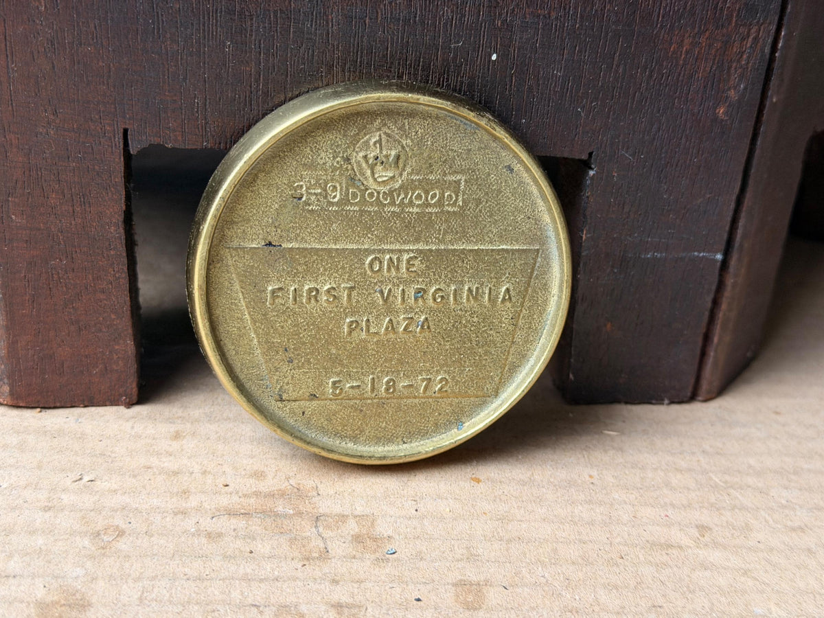 Vintage 1972 First Virginia Bank Brass Dogwood Commemorative Paperweight Token
