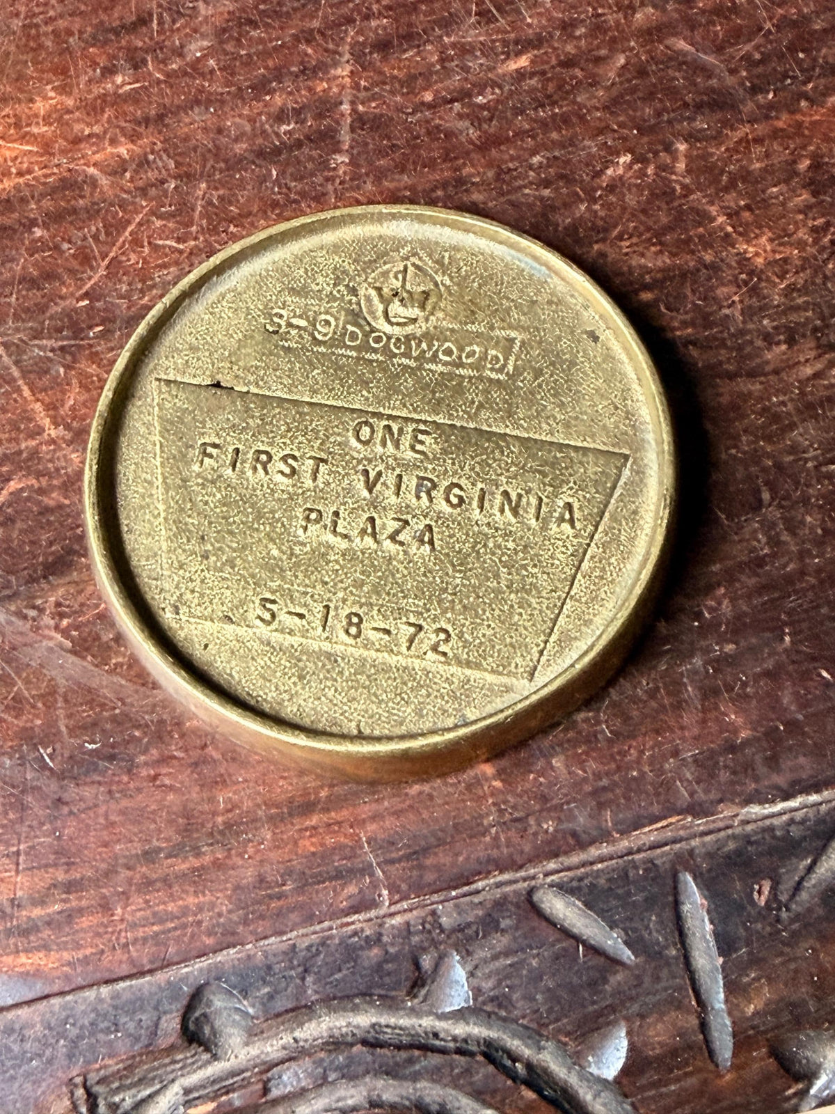 Vintage 1972 First Virginia Bank Brass Dogwood Commemorative Paperweight Token