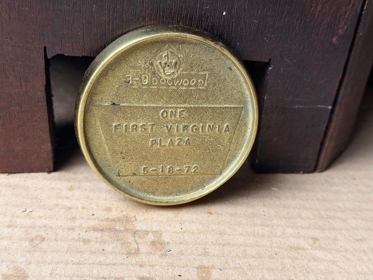 Vintage 1972 First Virginia Bank Brass Dogwood Commemorative Paperweight Token