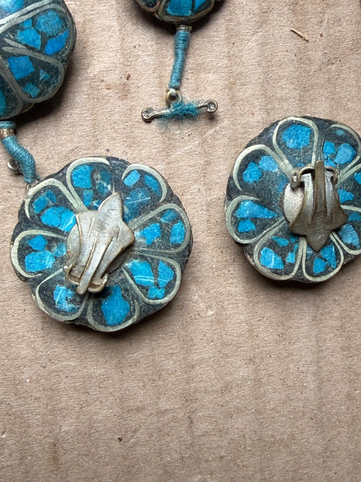 Vintage India Mosaic Turquoise Bracelet Earring Set Tibetan Style Folk Jewelry