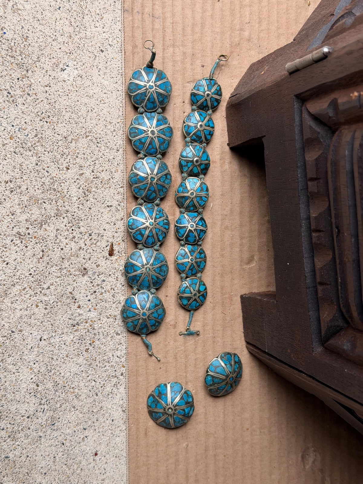 Vintage India Mosaic Turquoise Bracelet Earring Set Tibetan Style Folk Jewelry