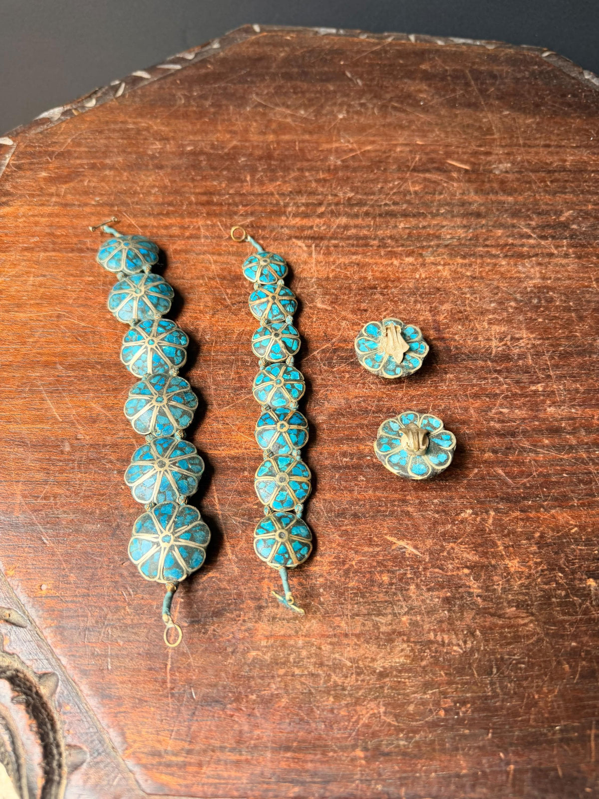 Vintage India Mosaic Turquoise Bracelet Earring Set Tibetan Style Folk Jewelry