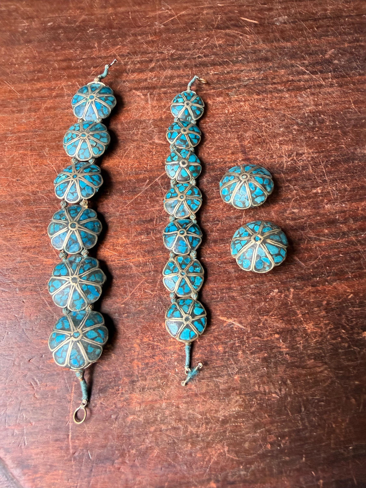 Vintage India Mosaic Turquoise Bracelet Earring Set Tibetan Style Folk Jewelry