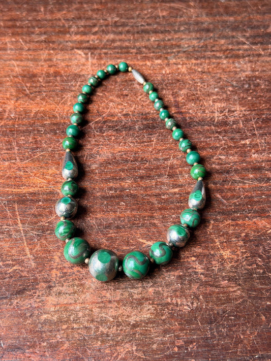 Vintage Silver Overlay Green Malachite Glass Bead Necklace Art Deco Choker 14"