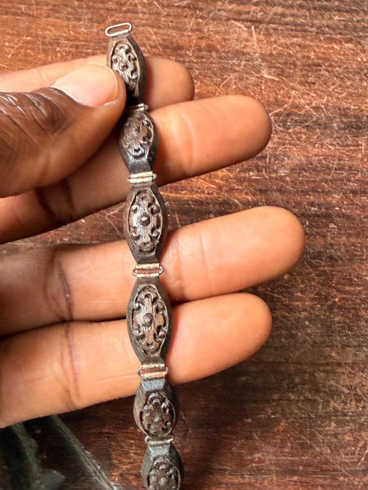 Vintage Carved Wood Link Bracelet Riveted Metal Back Marquise Relief Panel 7"