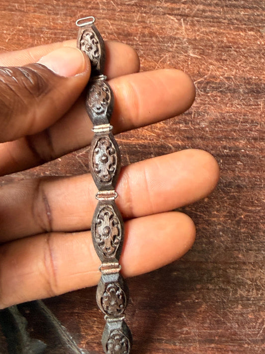 Vintage Carved Wood Link Bracelet Riveted Metal Back Marquise Relief Panel 7"