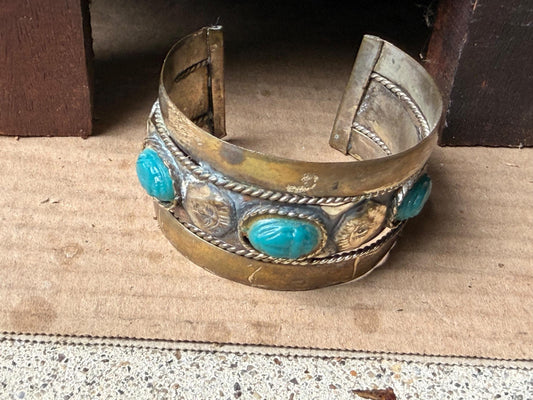 Egyptian Revival Scarab Cuff Bracelet Silver Brass Eye Horus Turquoise 2.5"